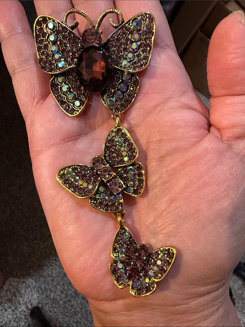 Brooch/Pendant Brown Crystal Butterfly Trio - Elegant Sparkle Accent